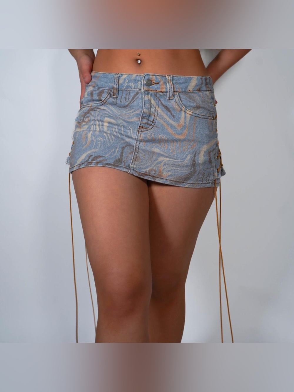 I.AM.GIA Calee Skirt, blue and brown marble swirl print. Lace up sides Sz small